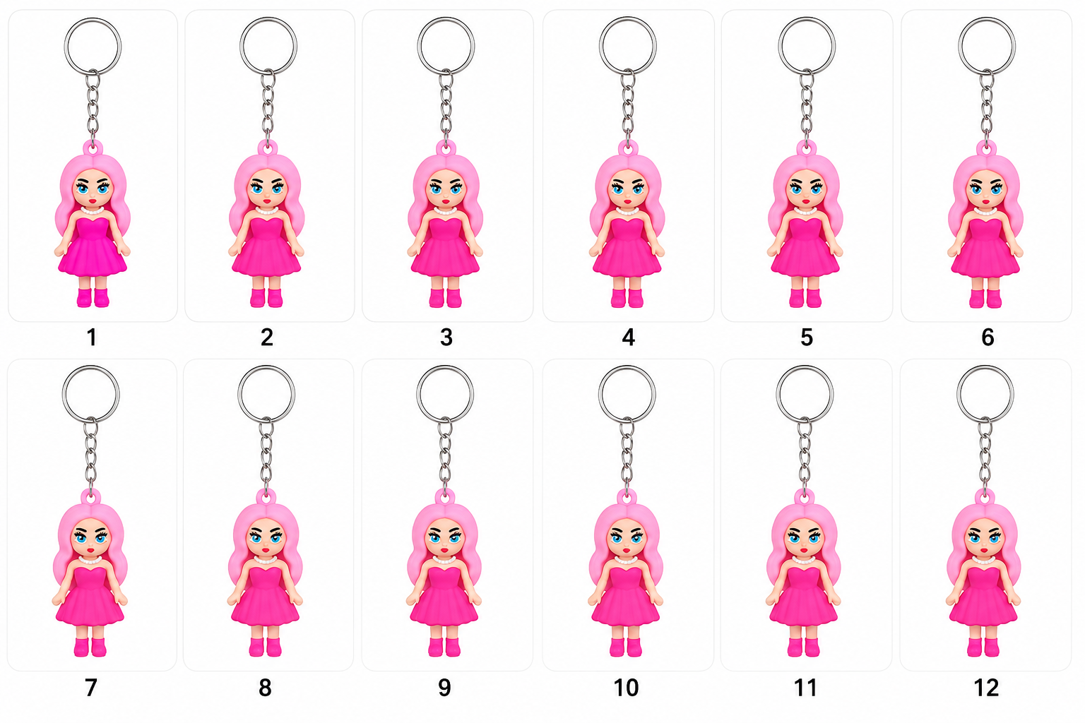 20884 {12 Pcs} Cute Cartoon Girl Keychain Set | Mini Doll Keyrings for Kids | School Bag Charm | Return Gift