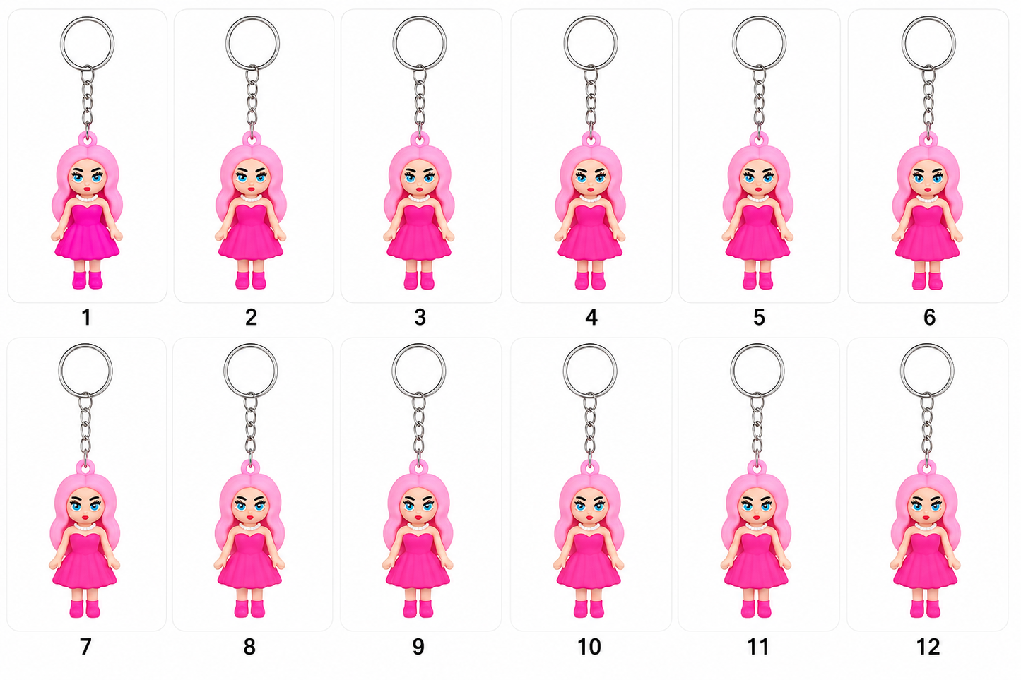 20884 {12 Pcs} Cute Cartoon Girl Keychain Set | Mini Doll Keyrings for Kids | School Bag Charm | Return Gift