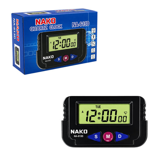 ND-613D PulGos Digital LCD Calendar and Time Car Dashboard & Desk Clock - 6.4x4 cm Black Portable Timer with Alarm & Stopwatch - Versatile Multifunction Clock for Office, Vehicle & Travel