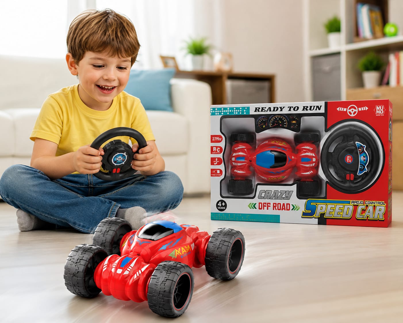 LMI-8005 Remote Control Stunt Car for Kids – 360° Flipping RC Off-Road Crawler, High-Speed Electric Toy Car with Steering Wheel Controller for Boys & Girls – Red