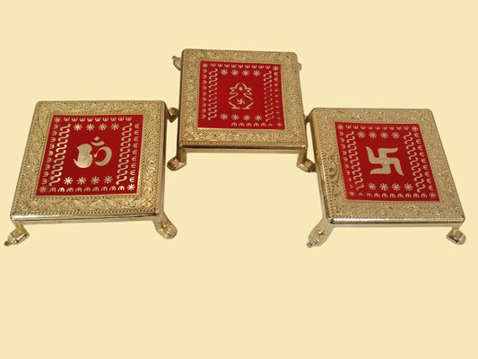 11347 Decorative Swastik, Om, Kalash Chowki, Gold-Plated Plastic Stand with Red Enamel Design 15 Cm