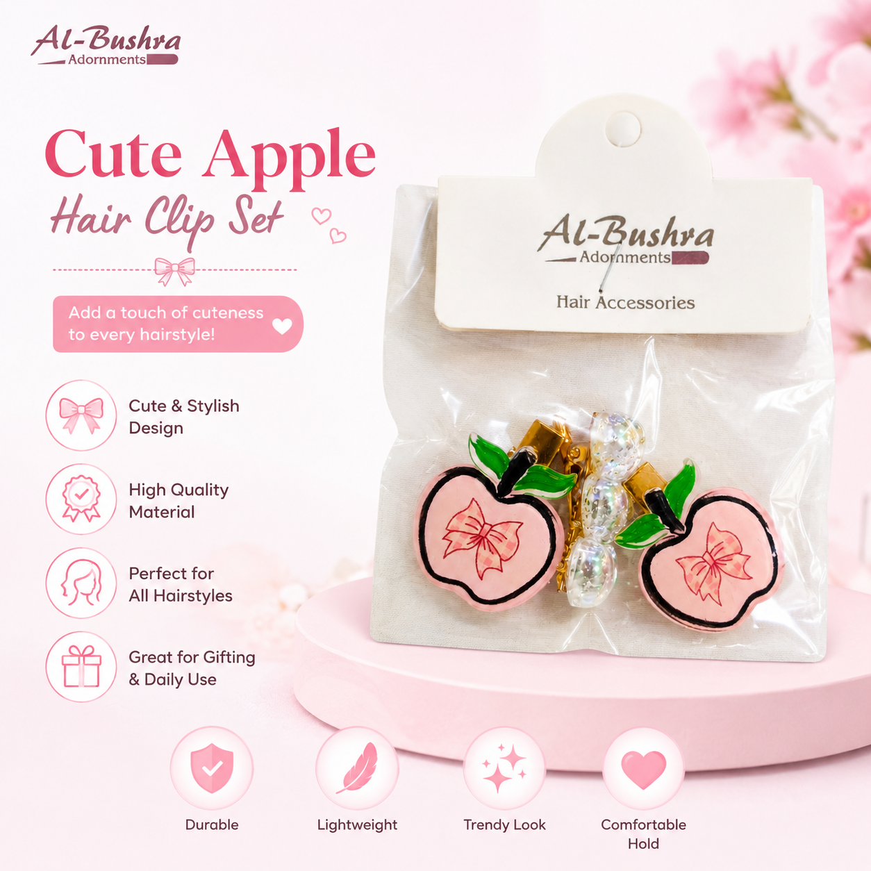 20615 Apple Hair Clips with 1 heart clip  Accessories for Girls Women Gift {Random Color}
