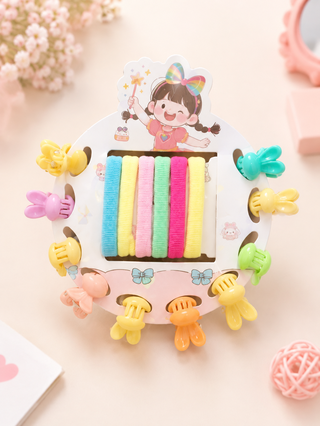 BSB1352 {12 Pcs} Kids Hair Accessories Set | Mini Claw Hair Clips & Soft Elastic Hair Bands | Cute Multicolor Hair Accessories for Girls