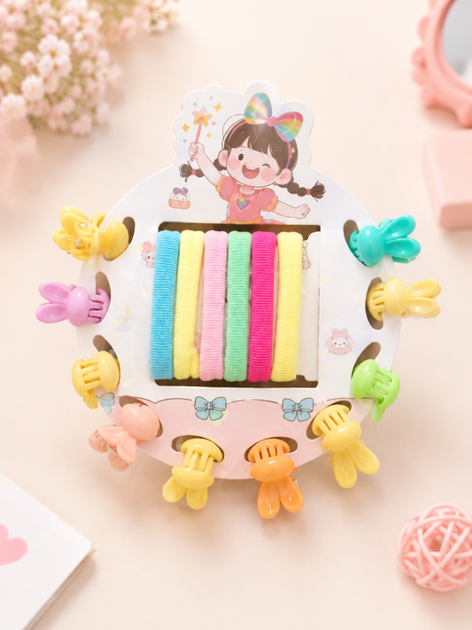 BSB1352 {12 Pcs} Kids Hair Accessories Set | Mini Claw Hair Clips & Soft Elastic Hair Bands | Cute Multicolor Hair Accessories for Girls