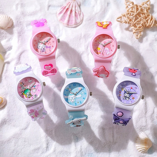 20370 Watch Cute 3D Waterproof Quartz Silicone Strap Cartoon Children's Kuromi Melody Cinnamoroll Watches Student Gift {Random Color}