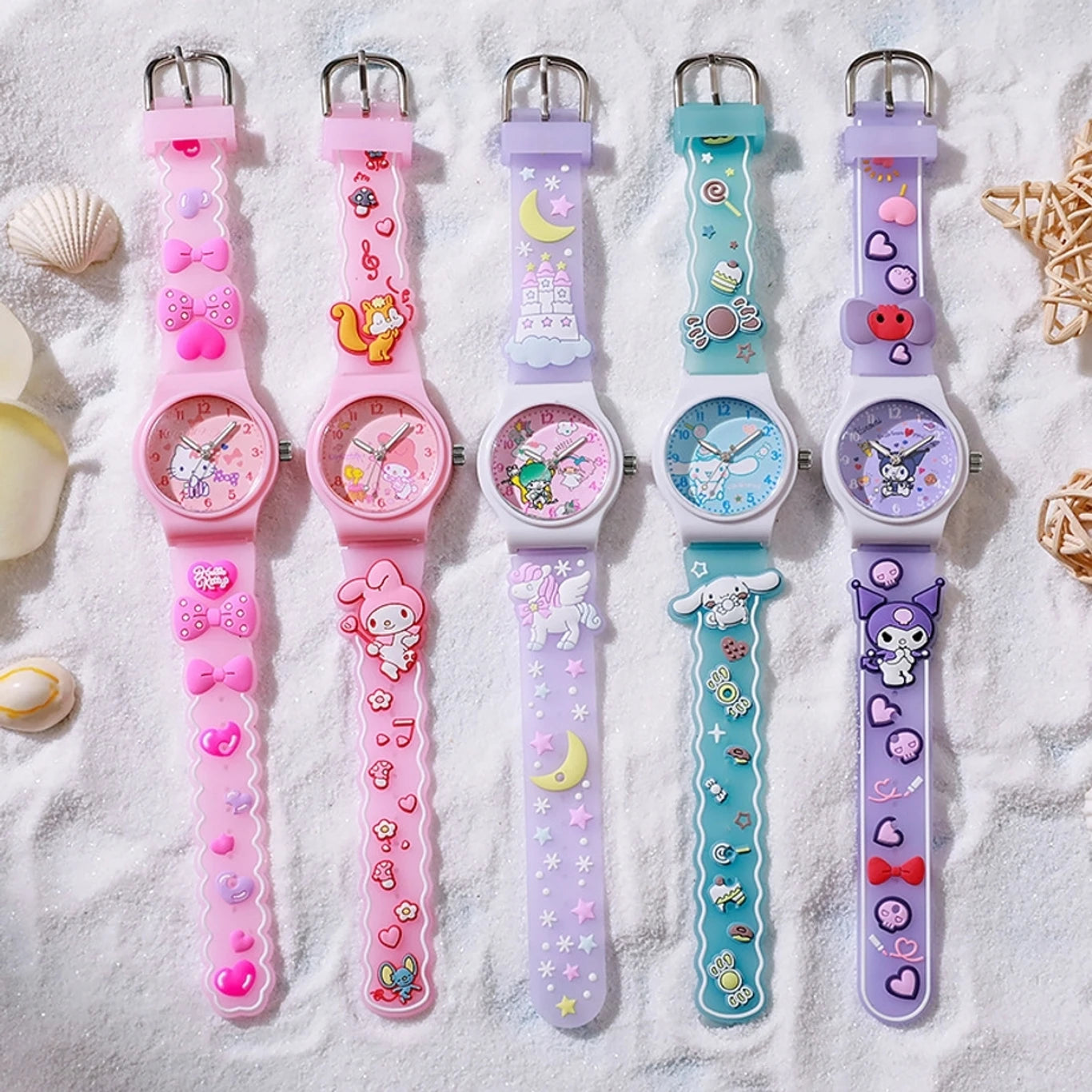 20370 Watch Cute 3D Waterproof Quartz Silicone Strap Cartoon Children's Kuromi Melody Cinnamoroll Watches Student Gift {Random Color}