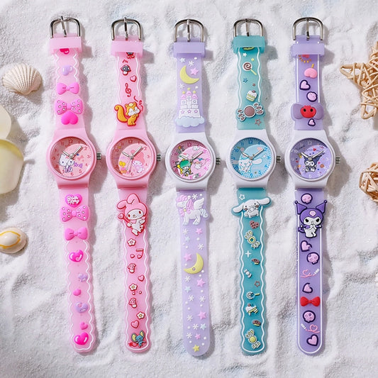 20370 Watch Cute 3D Waterproof Quartz Silicone Strap Cartoon Children's Kuromi Melody Cinnamoroll Watches Student Gift {Random Color}