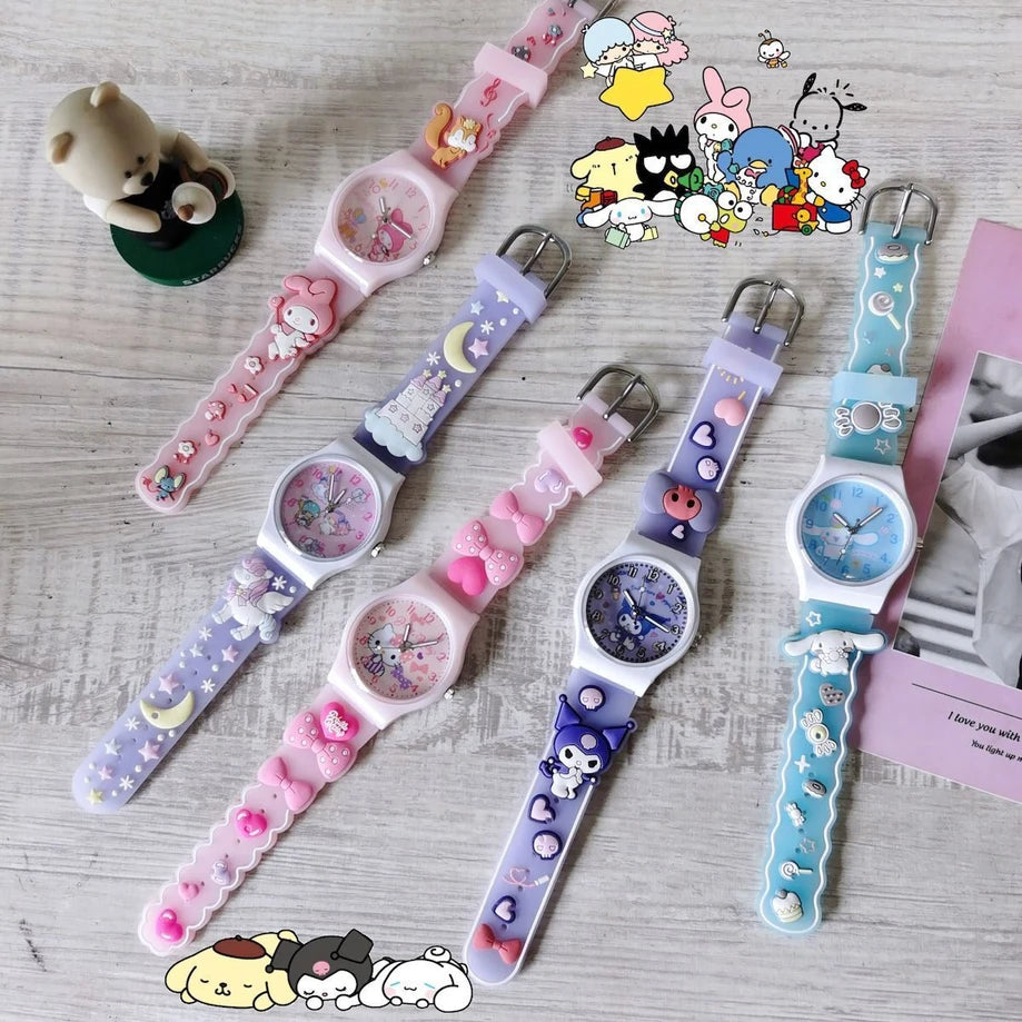 20370 Watch Cute 3D Waterproof Quartz Silicone Strap Cartoon Children's Kuromi Melody Cinnamoroll Watches Student Gift {Random Color}
