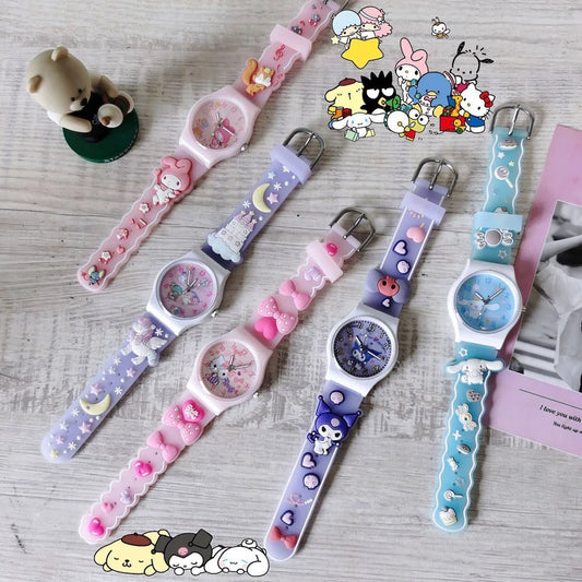 20370 Watch Cute 3D Waterproof Quartz Silicone Strap Cartoon Children's Kuromi Melody Cinnamoroll Watches Student Gift {Random Color}