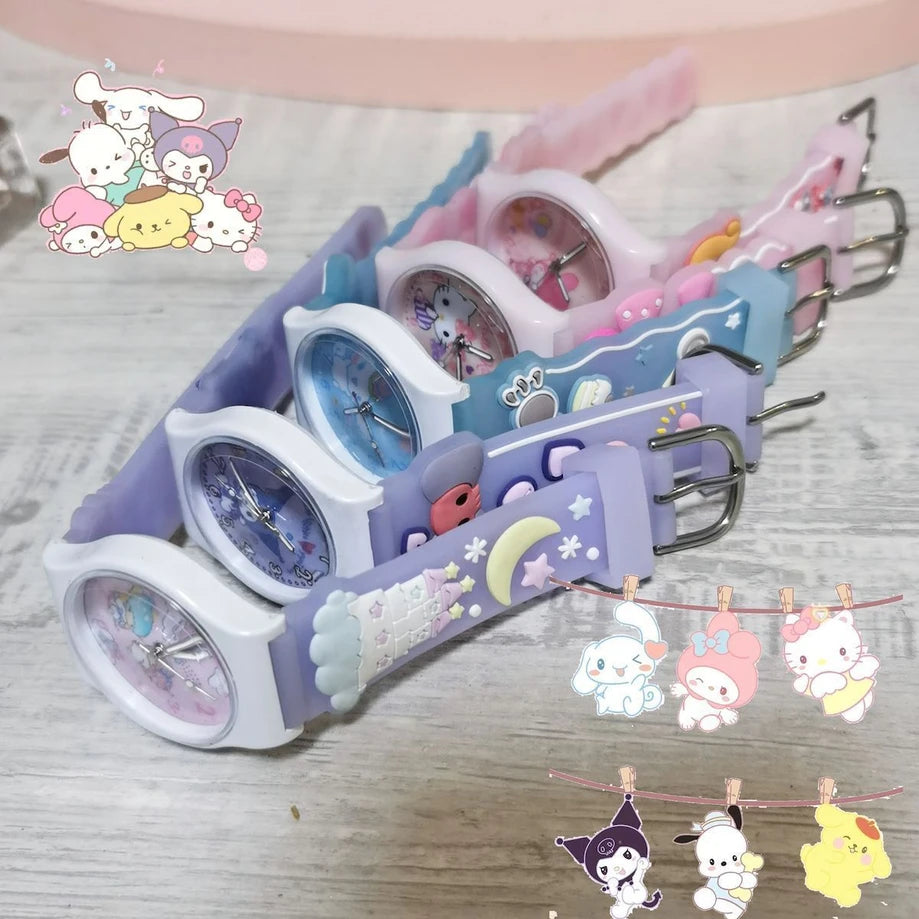 20370 Watch Cute 3D Waterproof Quartz Silicone Strap Cartoon Children's Kuromi Melody Cinnamoroll Watches Student Gift {Random Color}