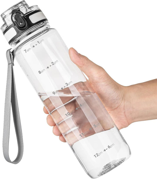 20514 Motivational Water Bottle with Time Markers, 900ml Capacity, Clear Plastic with Flip-Top Lid