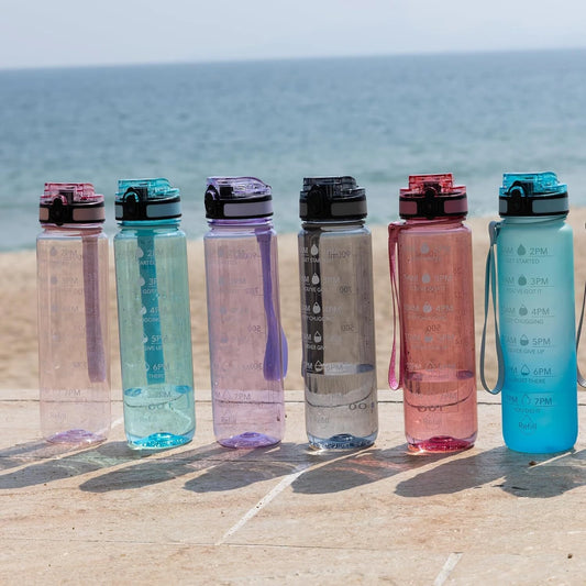 20514 Motivational Water Bottle with Time Markers, 900ml Capacity, Clear Plastic with Flip-Top Lid