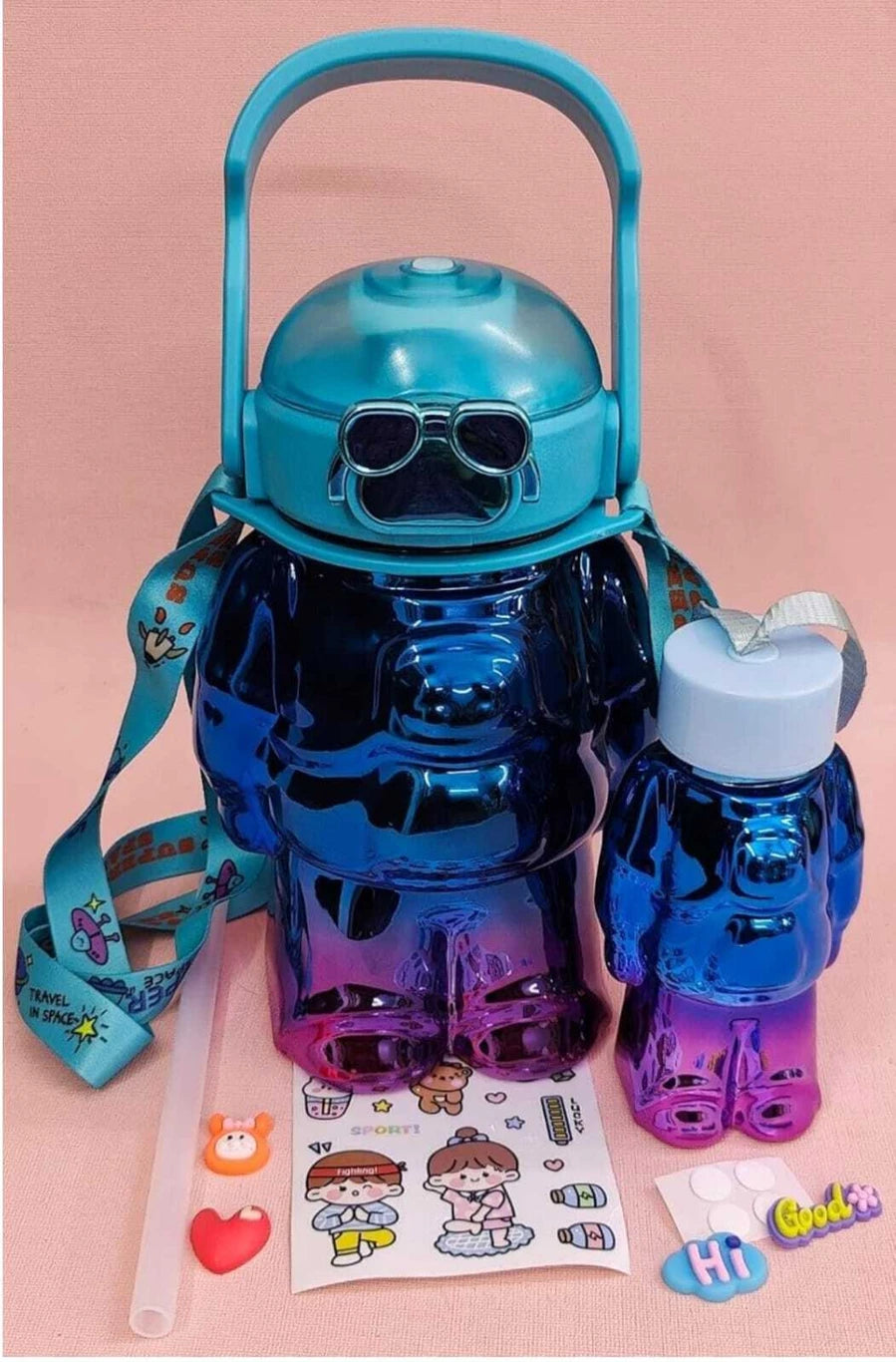 20709 Home Cloud Set of 2pc (1000 + 200ml) BPA-Free, Leak-Proof Robot Shape Water Bottles - The Ultimate Hydration Solution for Kid's, School, Gym, and Picnic Adventures {Random Color}