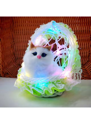 20567 Fluffy Cat With Sound Plush Figurine in Hanging Basket, with Colorful Lights & Music White, Soft Plush Material, with ON/Off Sound Feature, Home Decor Accent