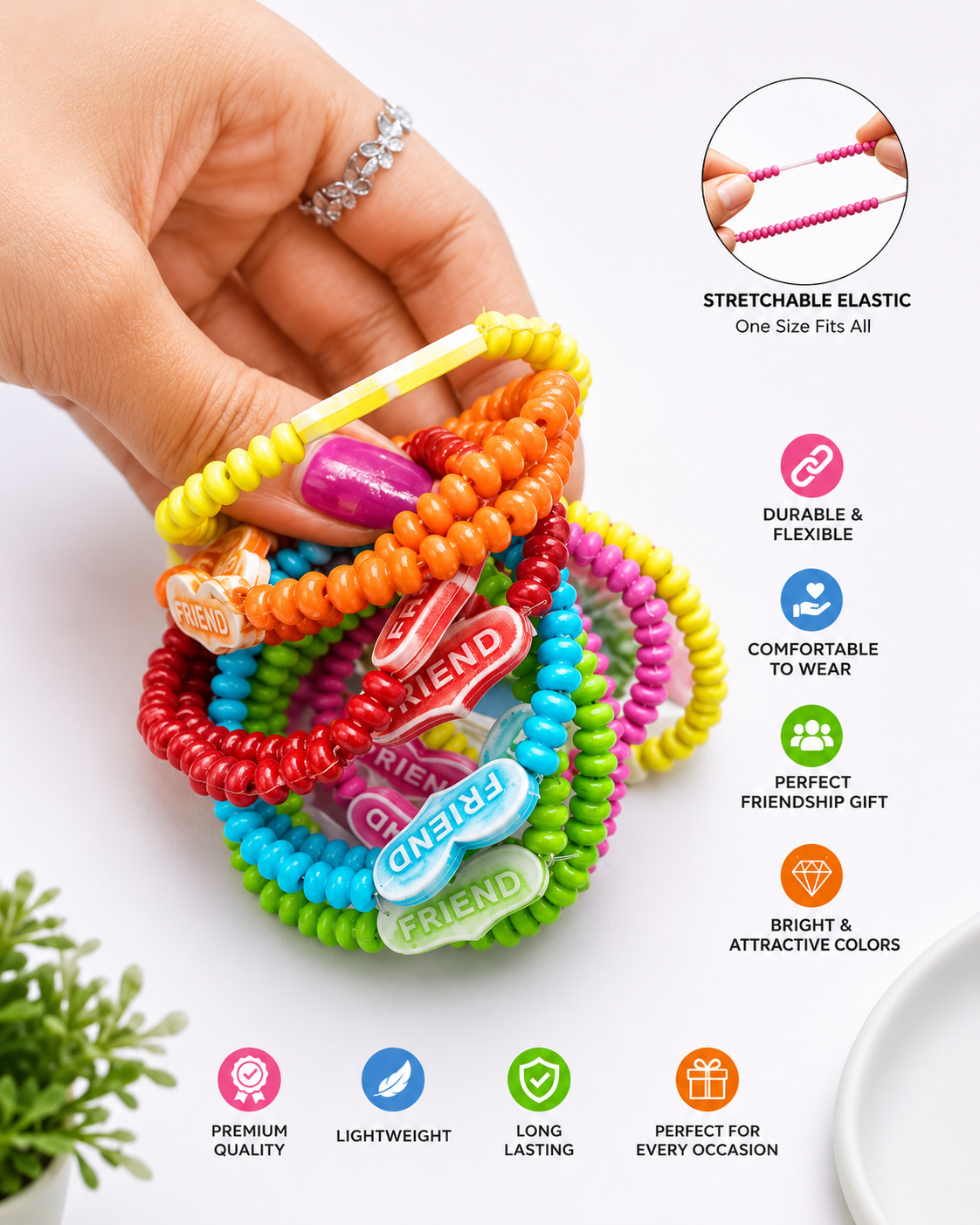 20851 {12 Pcs} Colorful Friendship Bead Bracelet for Kids | Elastic Wrist Band {Random Design}