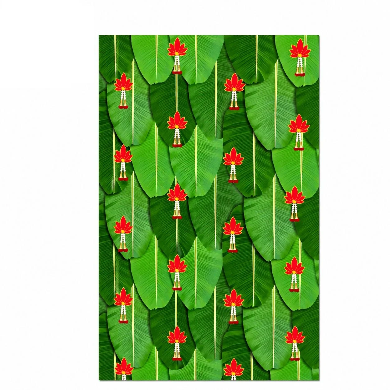 PJD-321 Red Lotus Flowers Design on Banana Leaves Pooja Backdrop Cloth – 5 × 8 Feet