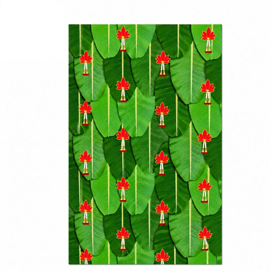 PJD-321 Red Lotus Flowers Design on Banana Leaves Pooja Backdrop Cloth – 5 × 8 Feet