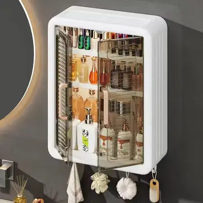 10767 Wall Mounted Bathroom Storage Cabinet with 5 Hooks | Double Door Medicine Cabinet | Waterproof Wall Shelf for Cosmetics & Toiletries