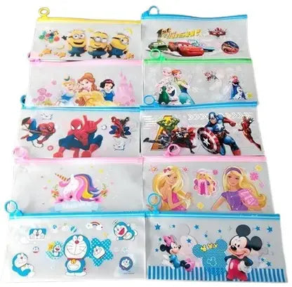 200566 {12 Pcs} Bundle Cartoon Stationery Zip Pouch for Pen Pencil and Multi Utility Best for Return Gifts {Random Design}