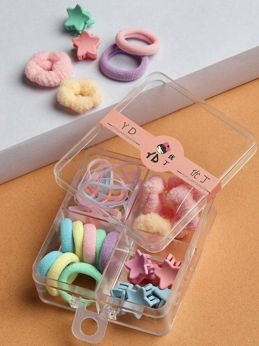 20911 Kids Hair Accessories Set with Storage Box, Mini Claw Clips & Soft Elastic Hair Bands, Multicolor Hair Ties Kit for Girls