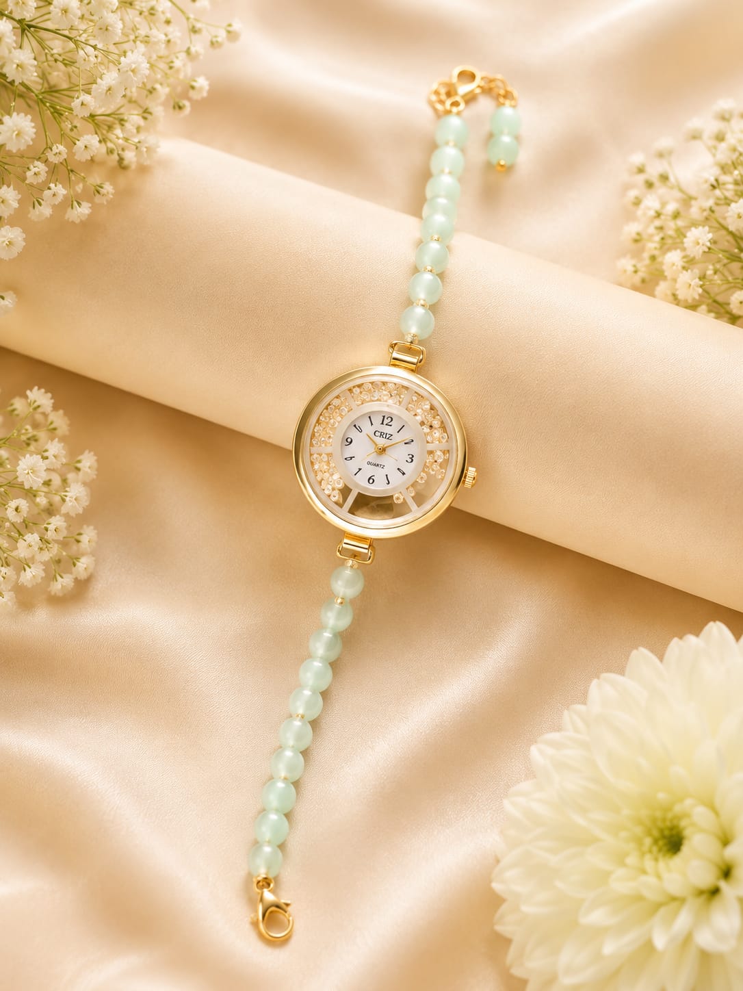 21076 Elegant Pearl Beaded Wrist Watch for Women & Girls – Stylish Gold-Tone Bracelet Watch