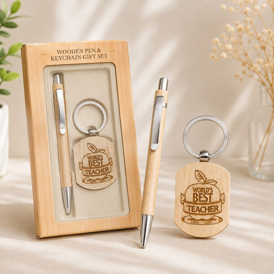 21040 Premium Gifting Wooden Pen with Keychain Engraved Message for Teachers Days Ball Pen (Ink Color - Blue)