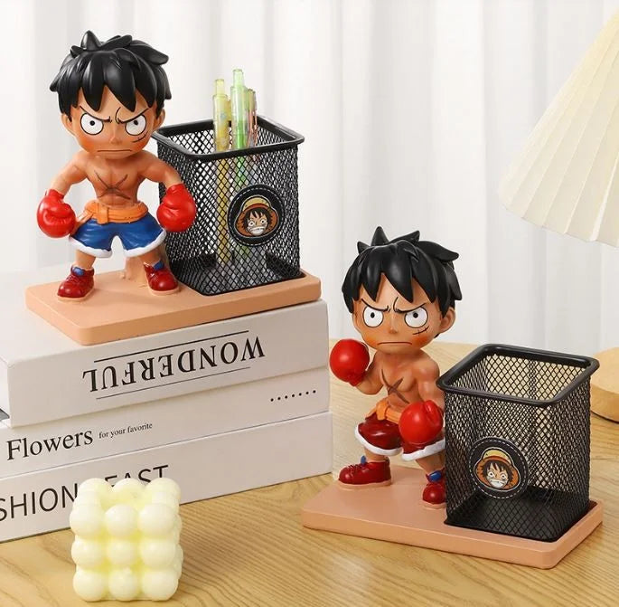 HBC-188826 MAGIC WOOD Creative Anime-Inspired Desk Organizer Featuring a Boxing Figurine of Luffy from One Piece with a Matching Pen Holder