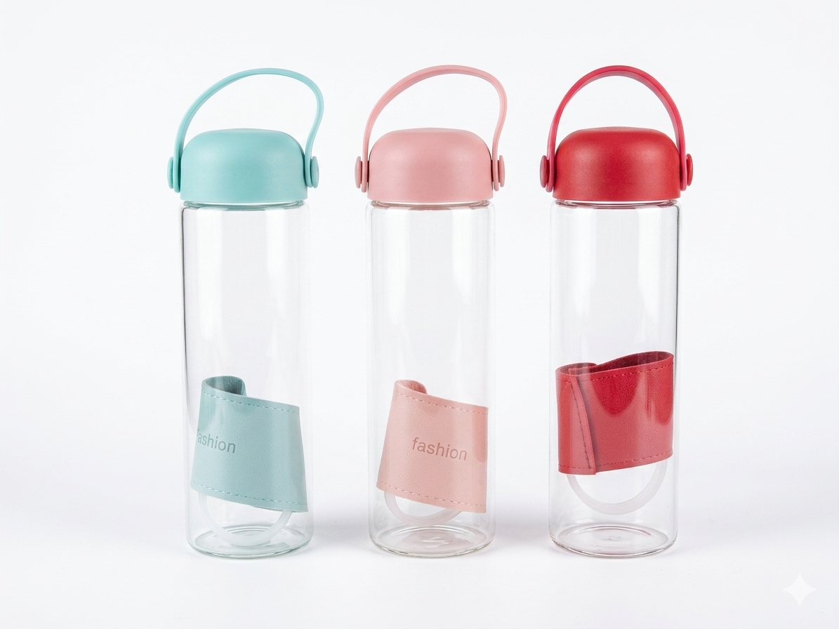 20733 Premium Glass Water Bottle with Handle | Leakproof BPA Free Drinking Bottle | Portable Water Flask for Office, Gym & Travel {Random Color}