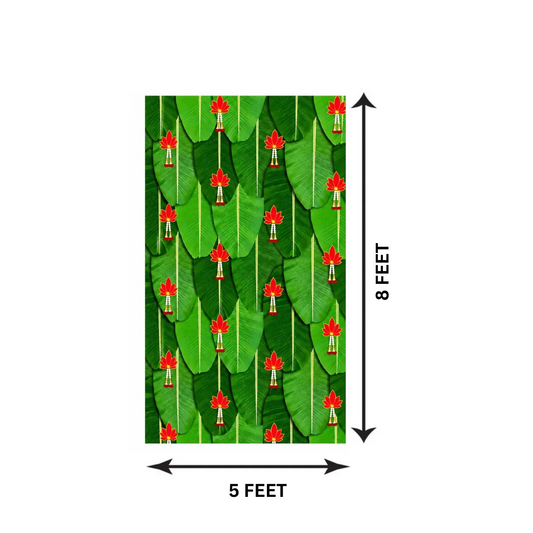 PJD-321 Red Lotus Flowers Design on Banana Leaves Pooja Backdrop Cloth – 5 × 8 Feet