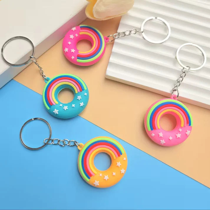 20506 {Pack of 12 } Rainbow & Stars Detail Donut Shape Keychain PVC Soft Doughnut Key Chains for Car, Scooty, Girls Boys Gifts, Birthday, Charm Sweet Keychain, Bag Pendant