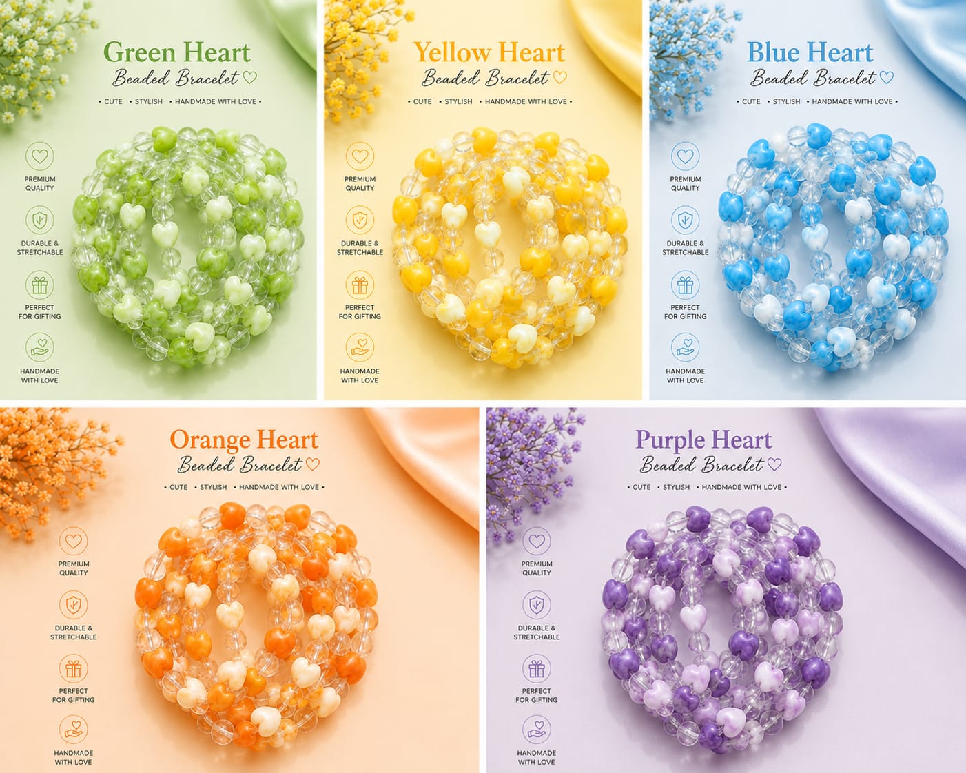 20814 {12 Pcs} Heart Beaded Bracelet for Girls | Handmade Stretch Bracelet | Colorful Heart Beads | Fashion Jewellery for Girls {Random Color}