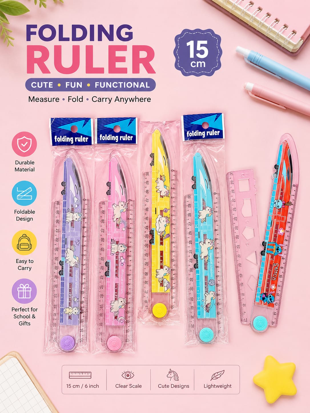 20939 Magical Unicorn 2-in-1 Folding Ruler | 30cm Measuring Scale with Built-in Geometry Shapes | Foldable Plastic Ruler for Kids, School & Office