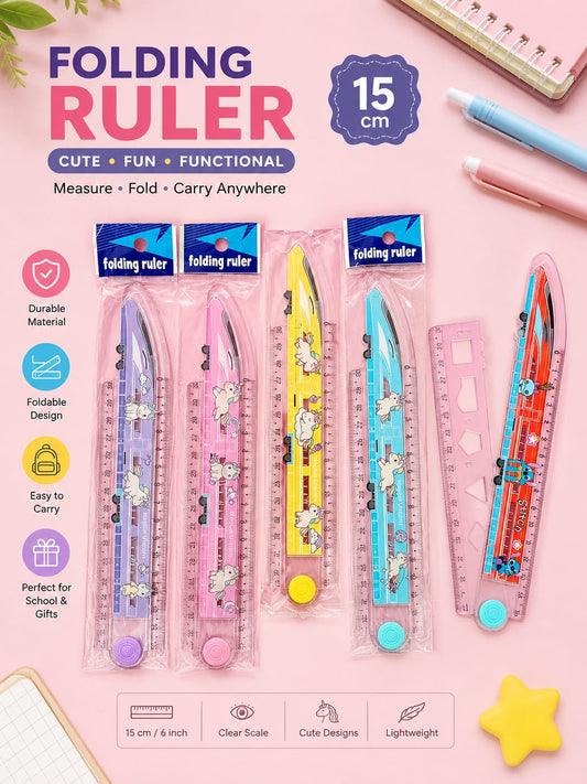 20939 Magical Unicorn 2-in-1 Folding Ruler | 30cm Measuring Scale with Built-in Geometry Shapes | Foldable Plastic Ruler for Kids, School & Office