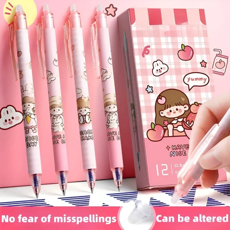 11321 {12 Pcs} Smooth Writing Eresable Gel Pen Birthday Return Gifts for Kids -Blue Ink (Pink)