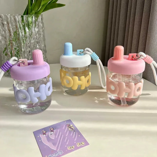20067 Cute Water Bottles with Straw, 400ml Glass Y2K Colorful Portable Drinking Bottle Water Bottle
