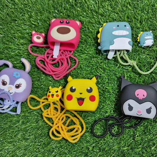20678 Cute Cartoon  Data Cable Case for 18-20W iPhone USB-C Power Adapter Charger, Cartoon 3D Design Protective Case {Random Design}