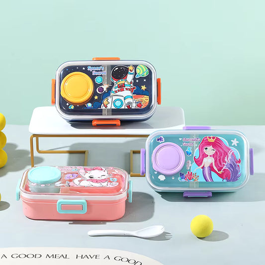 2646 Lunch Box with Spoon and Bowl,  for School Kids, Airtight Lid Tiffin Box, Plastic Tiffin Box with 2 Compartmen