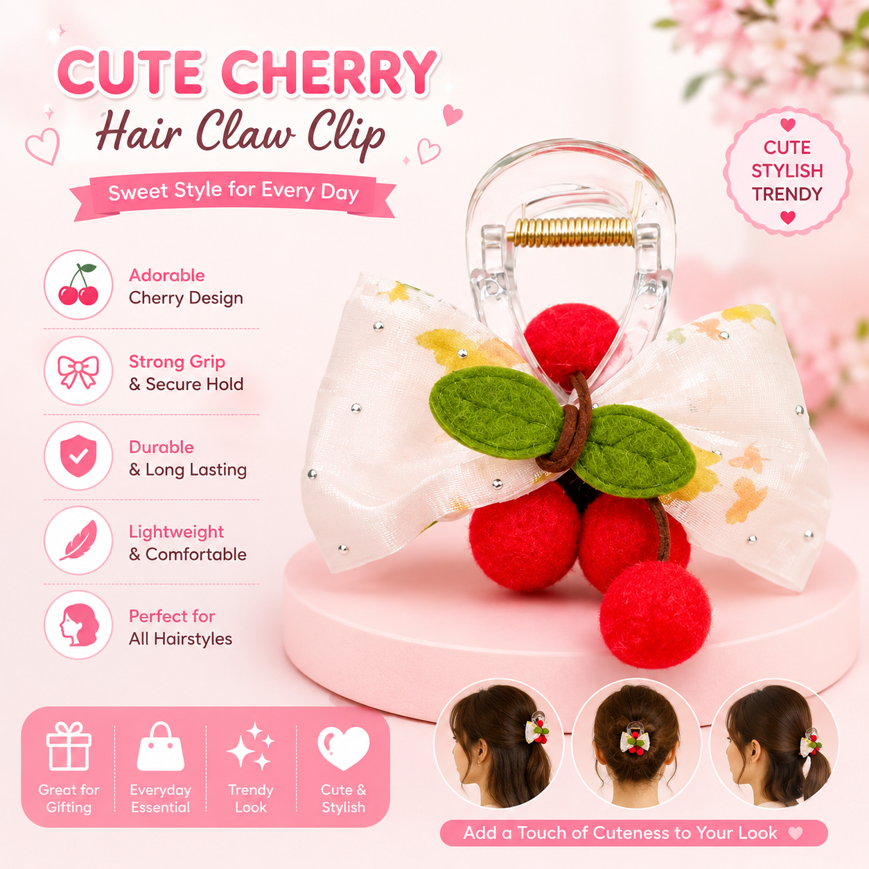 20620 Style Hair Clutcher  with Cherry Pom Poms, Girls Hair Accessory {Random Color}