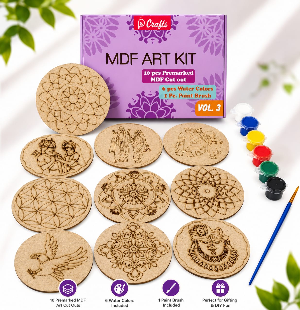 20967 (10 PCS) DIY MDF Art Kit with 10 Pre-Marked Round Coasters, 6 Water Colors & Paint Brush | Wooden Painting Craft Kit for Kids & Adults