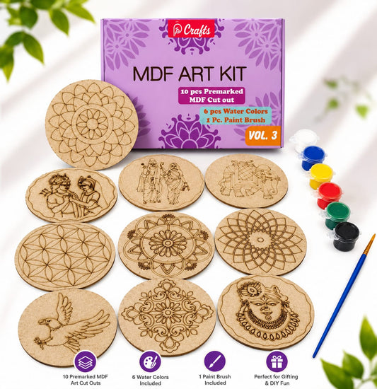 20967 (10 PCS) DIY MDF Art Kit with 10 Pre-Marked Round Coasters, 6 Water Colors & Paint Brush | Wooden Painting Craft Kit for Kids & Adults