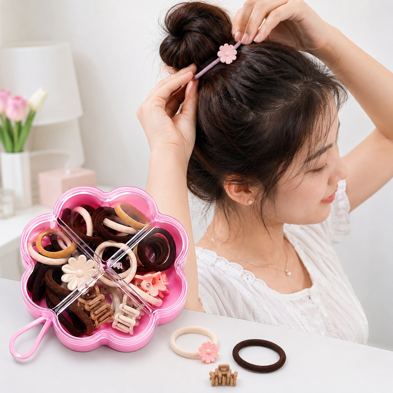 20914 Girls Hair Accessories Organizer Box with Hair Bands, Rubber Bands,Mini Claw Clips– Multi-Color Flower Storage Case for Kids