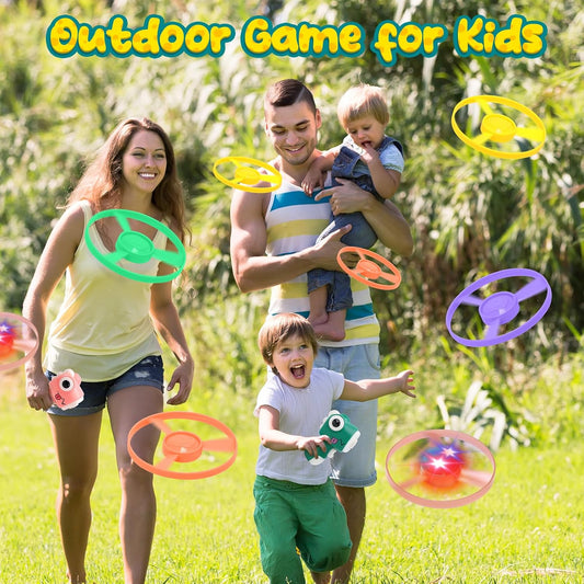 20874 Flying Disc Launcher Toy, Kids Outdoor Flying Saucer Toys, Portal Gun, 4 Flying Discs Gun and 1 Light Up Spinning Tops with Flashing LED Lights for Kids