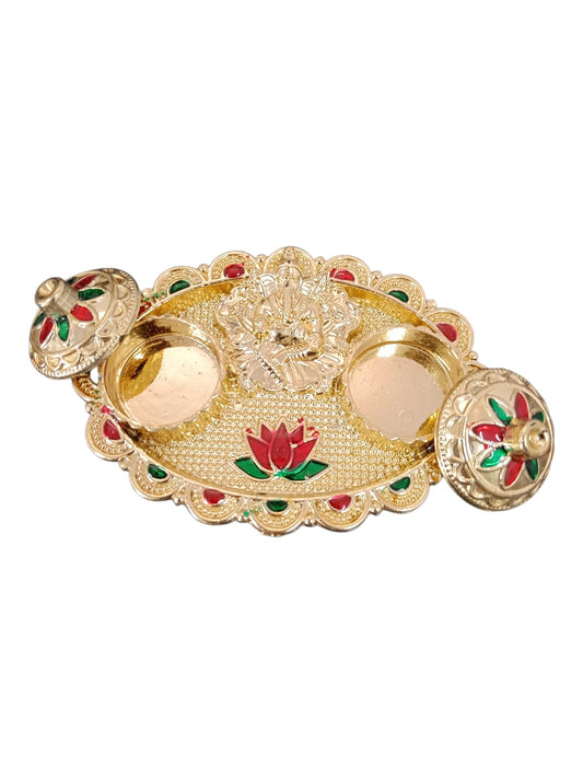 11362 Golden Decorative Akshata Haldi Kumkum Holder, Kankavati Pooja Items {Random Design}
