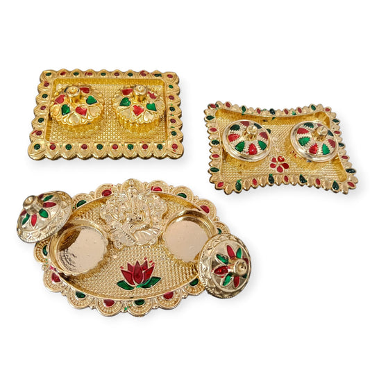 11362 Golden Decorative Akshata Haldi Kumkum Holder, Kankavati Pooja Items {Random Design}