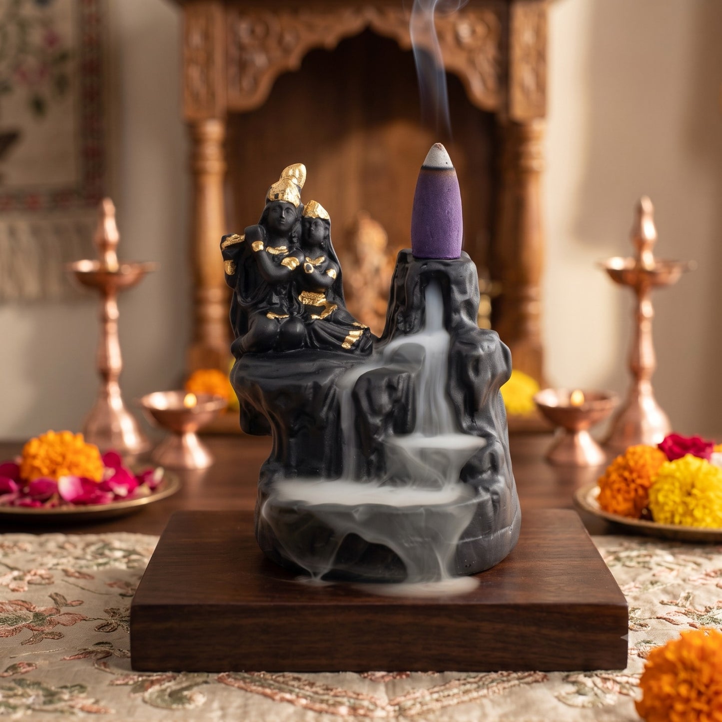 21095 Backflow Incense Burner Radha Krishna Resin Figurine , Temple Decoration Item for Pooja Room, Office Table & Spiritual Corner