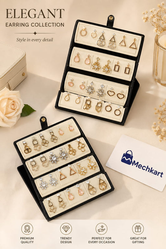 20945 Premium 12 Pairs Korean Style Earrings Combo Set for Women | Trendy Gold, Crystal & Pearl Designs | Gift Collection with Foldable Display Stand