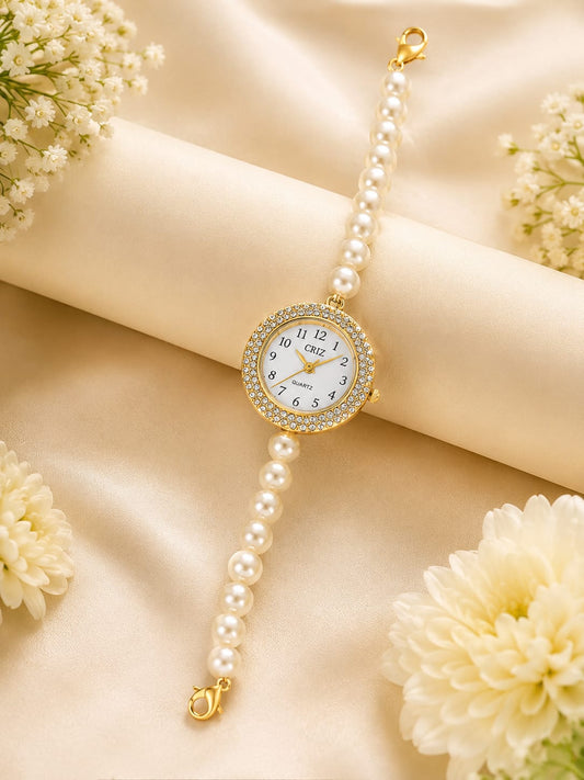 21076 Elegant Pearl Beaded Wrist Watch for Women & Girls – Stylish Gold-Tone Bracelet Watch