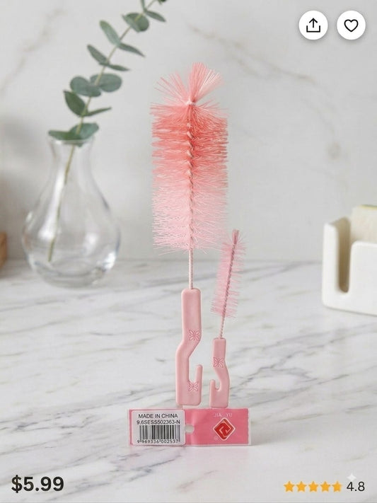 21046 (set of 2) 1 big 1 small Nylon Bottle Brush with Nipple Cleaner | 360° Rotating Handle | High-Density Soft Bristles | BPA Free | Scratch-Free Cleaning | Non-Toxic | Easy Grip (Multicolour)