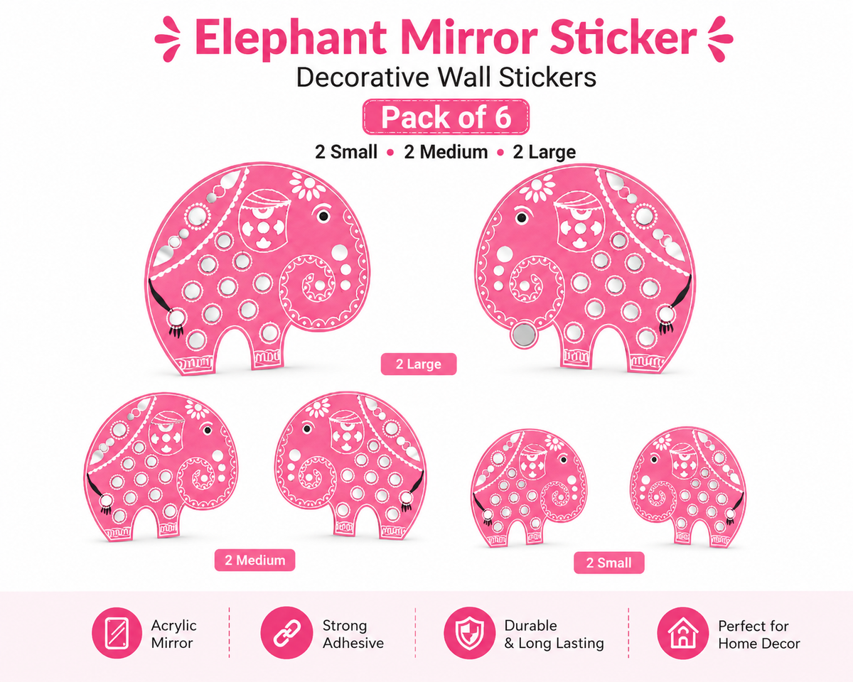 KLD 3107 Pack of 6 Elephant Acrylic Mirror Wall Stickers (2 Large + 2 Medium + 2 Small) | Decorative DIY Home & Living Room Wall Decor | Self-Adhesive Mirror Decals random colours