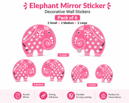 KLD 3107 Pack of 6 Elephant Acrylic Mirror Wall Stickers (2 Large + 2 Medium + 2 Small) | Decorative DIY Home & Living Room Wall Decor | Self-Adhesive Mirror Decals random colours